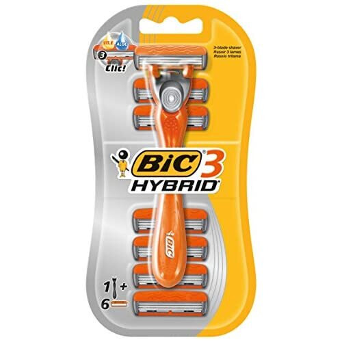 BIC Bic 3 Hybrid Men's Triple-Blade Razors, Pack with 1 Handle + 6 Refills - Lubricating Strip with 3 Blades and Pivoting Head for a Smooth, Precise