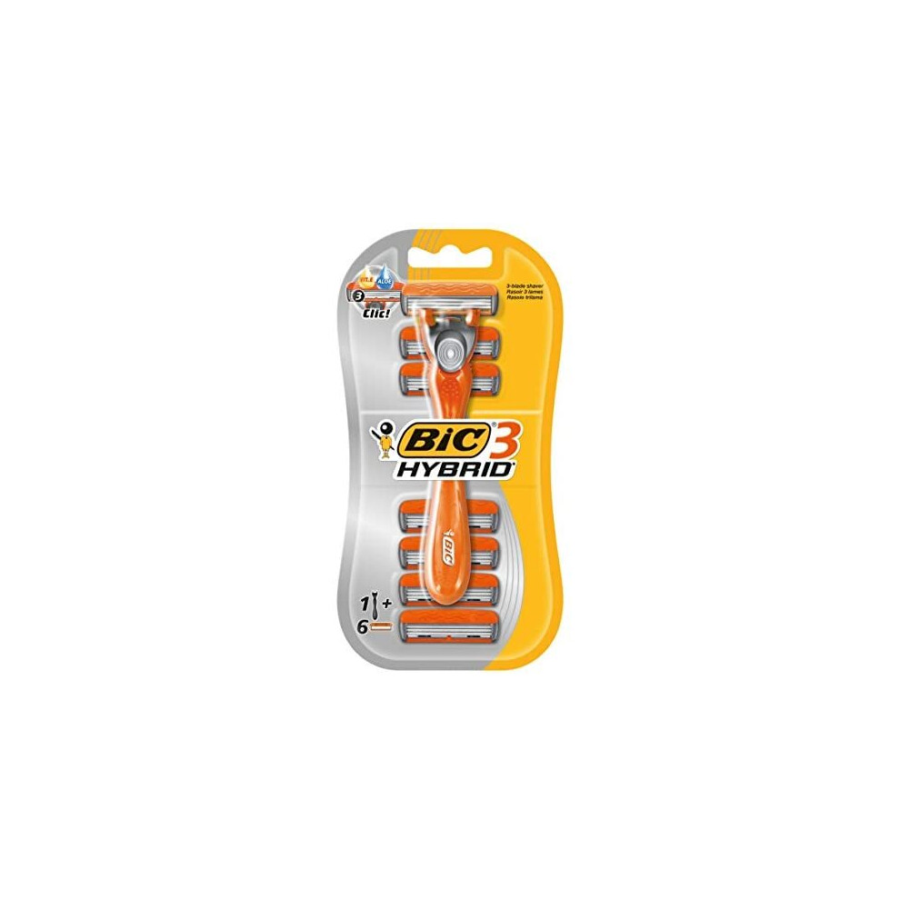 Bic 3 Hybrid Men's Triple-Blade Razors, Pack With 1 Handle + 6 Refills - Lubricating Strip With 3 Blades And Pivoting Head For A Smooth, Precise