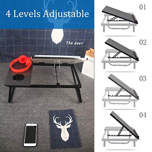Laptop Table Foldable Lap Desk Stand, Adjustable Laptop Table for Bed Notebook Desk Portable Notebook Bed Tray Multifunction Lap Tablet with Cup 2