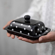 City to Cottage Black and White Polka Dot Spotty Handmade Hand Painted Ceramic Covered Butter Dish with Lid