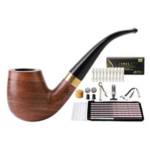 MUXIANG Tobacco Pipe Bent Billiard Pear Wood Pipe, 8mm Activated Carbon Filters replacements Cotton Cleaner Scrapter Brush Screens Stand Rubber B