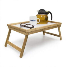 Relaxdays Bamboo Wooden Breakfast in Bed Tray, Serving Tray With Folding Legs w/ Plastic Surface, Natural Brown