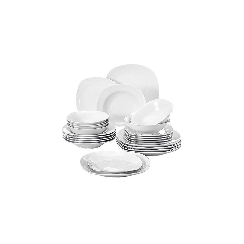 MALACASA, Series Elisa, 24-Piece Dinner Sets White Porcelain Dinner Set with 6-Piece 6.7" Cereal Bowl, 6-Piece 9.75" Dinner Plate, 6-Piece 7.5" Desser