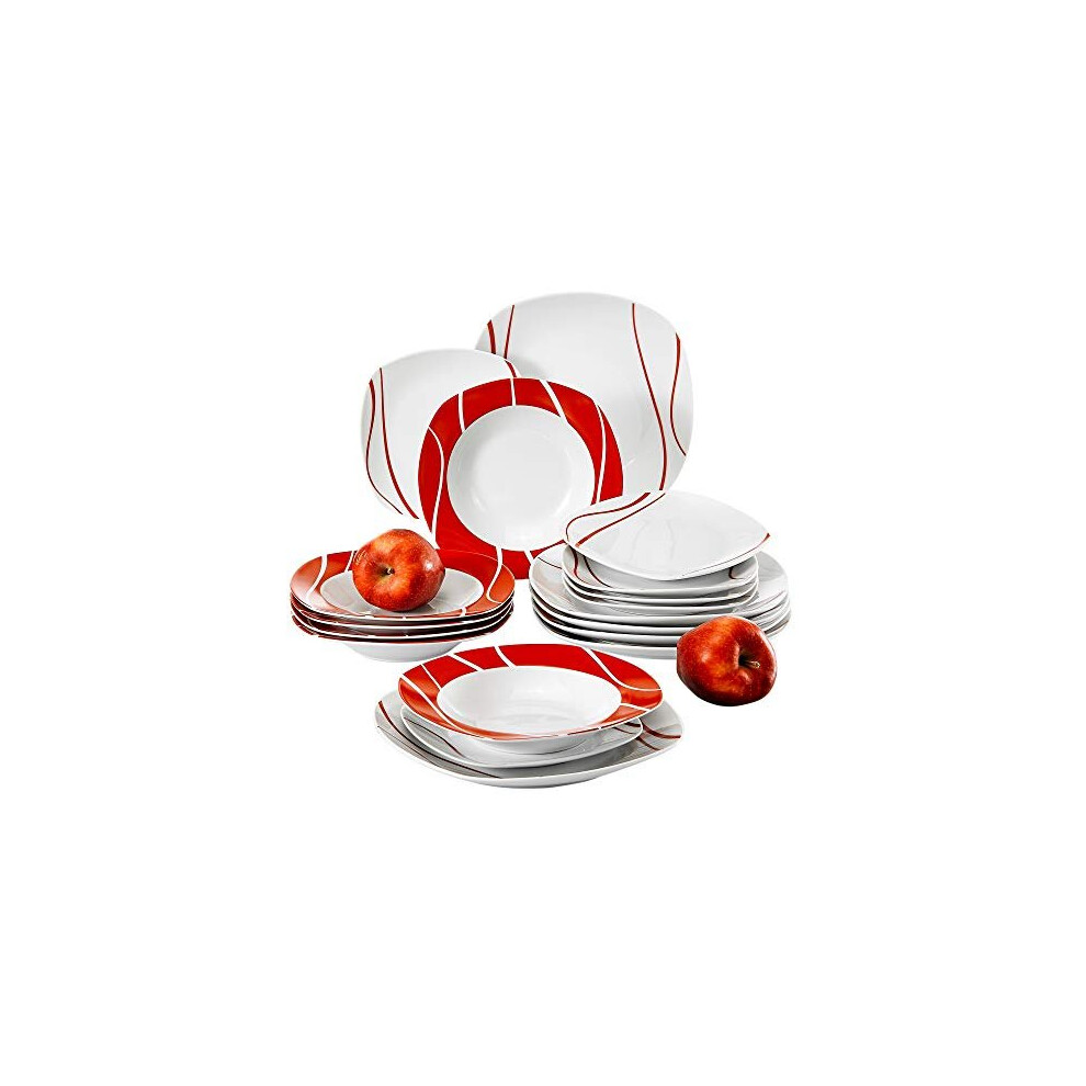 MALACASA, Series Felisa, 18-Piece Dinner Sets Red Stripes Ivory White Porcelain Dinner Service Set with 6-Piece Dessert Plates 6-Piece Soup Plates and