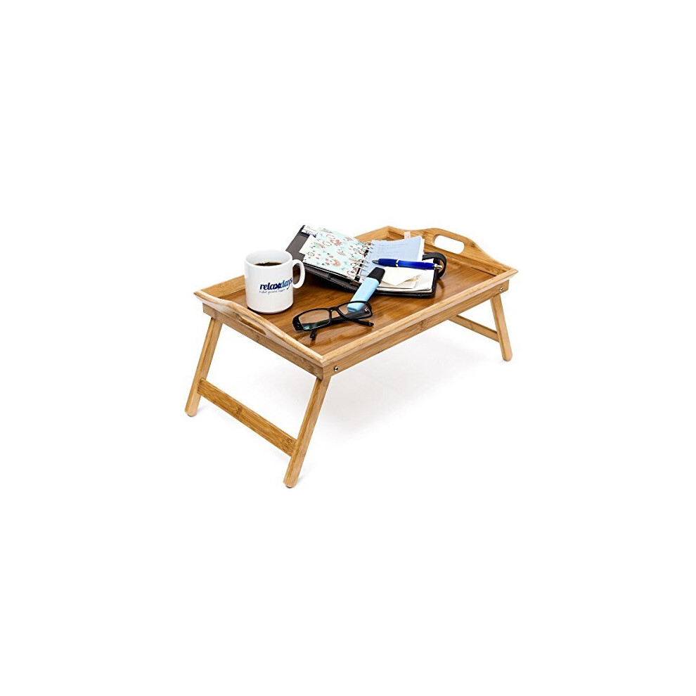 Relaxdays Bamboo Folding Serving Tray, HxWxD: ca 25 x 52 x 33 cm, for Breakfast In Bed, with Handles and Foldable Legs, Natural Brown