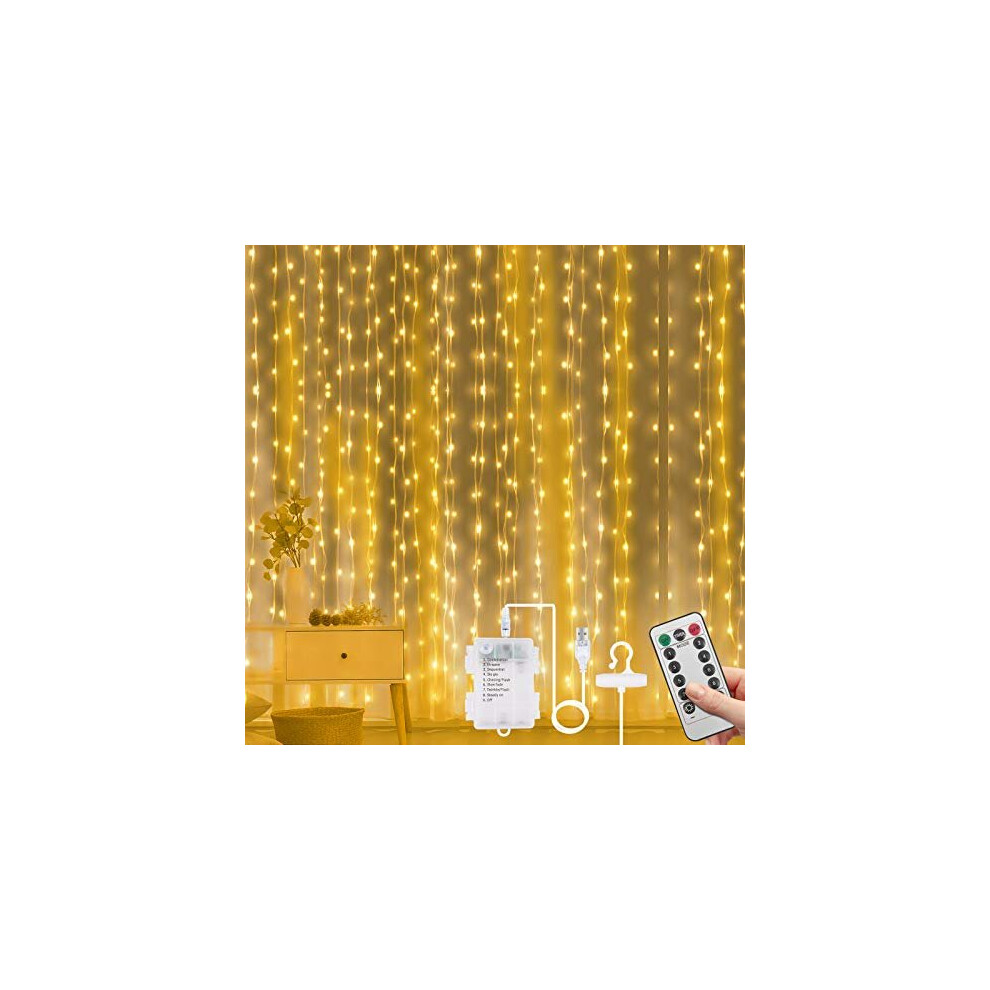 Vicloon Curtain Fairy Lights, 300 Led Warm White Curtain Lights, 3M 8 Mode Waterproof Window String Lights Usb & Battery Powered With Remote Cont