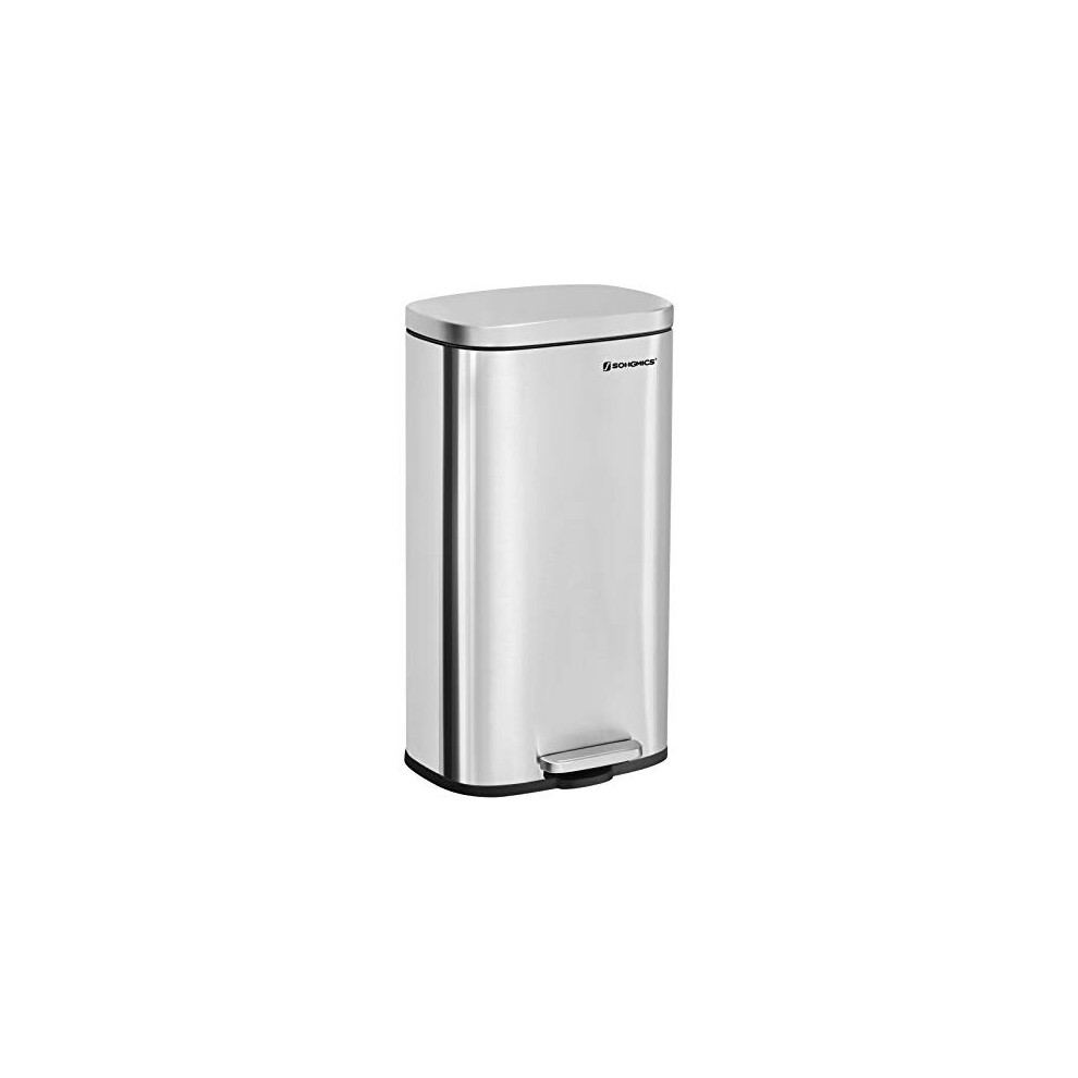 SONGMICS Kitchen Rubbish Bin, Pedal Trash Can 30L, with Plastic Inner Bucket, Hinged Lid, Soft Closure, Odour Proof and Hygienic, Silver Colour L