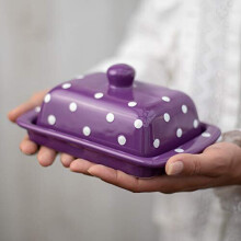 City to Cottage Purple and White Polka Dot Spotty Handmade Hand Painted Ceramic Covered Butter Dish with Lid