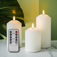 Eywamage 3-Piece White LED Pillar Candles with Remote - Real Wax Exterior, Flameless Battery-Operated, 3 in Dia x 4/5/6 in H