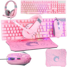 Pink Gaming Keyboard and Mouse Headset Headphones and Mouse pad Wired LED RGB Backlight Bundle Pink PC Accessories for Gamers and Xbox and PS4 PS