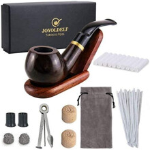 Joyoldelf Wooden Tobacco Smoking Pipe Set Bent Ebony Smoking Pipe with Pipe Stand Holder, Smoking Accessories & Wrapped with Gift Box