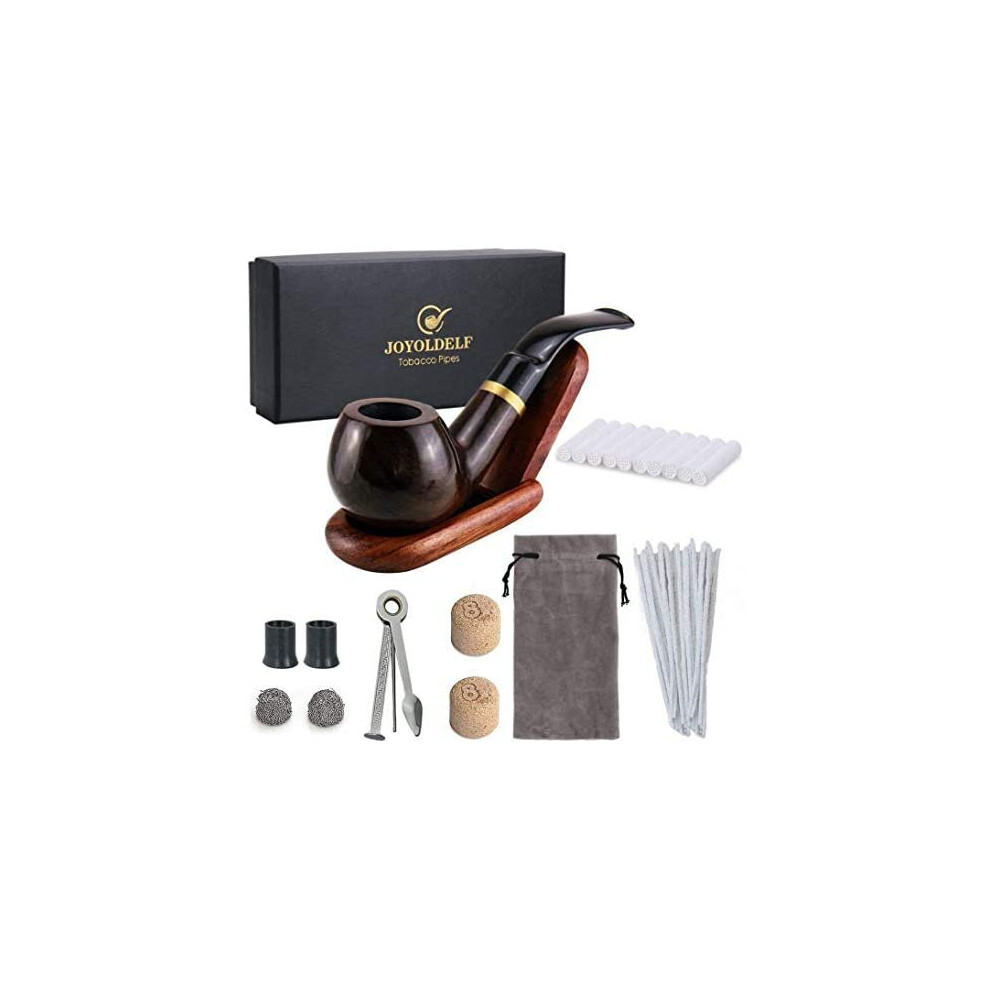 Joyoldelf Wooden Tobacco Smoking Pipe Set Bent Ebony Smoking Pipe with Pipe Stand Holder, Smoking Accessories & Wrapped with Gift Box