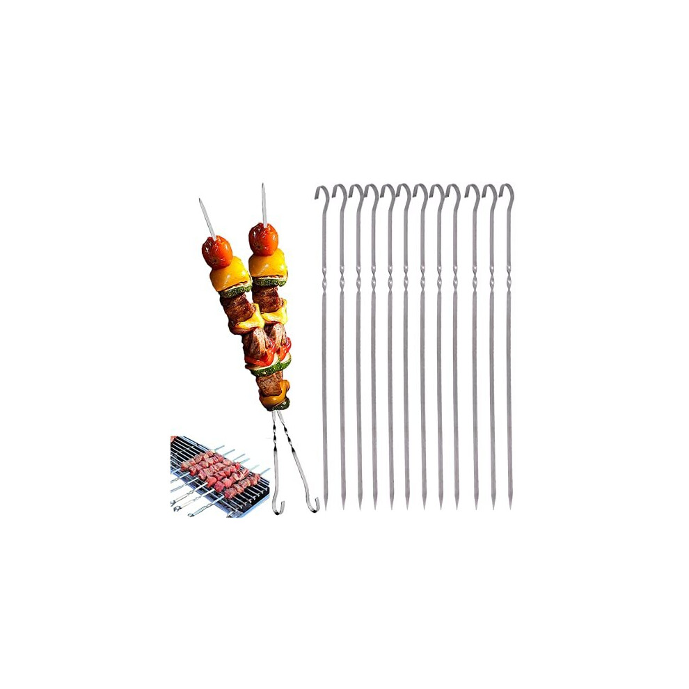 Gaohan Stainless Steel Kebab Skewers - Flat, Reusable Grill Skewers With Triangular Tips And Hook Ends (430 Stainless)