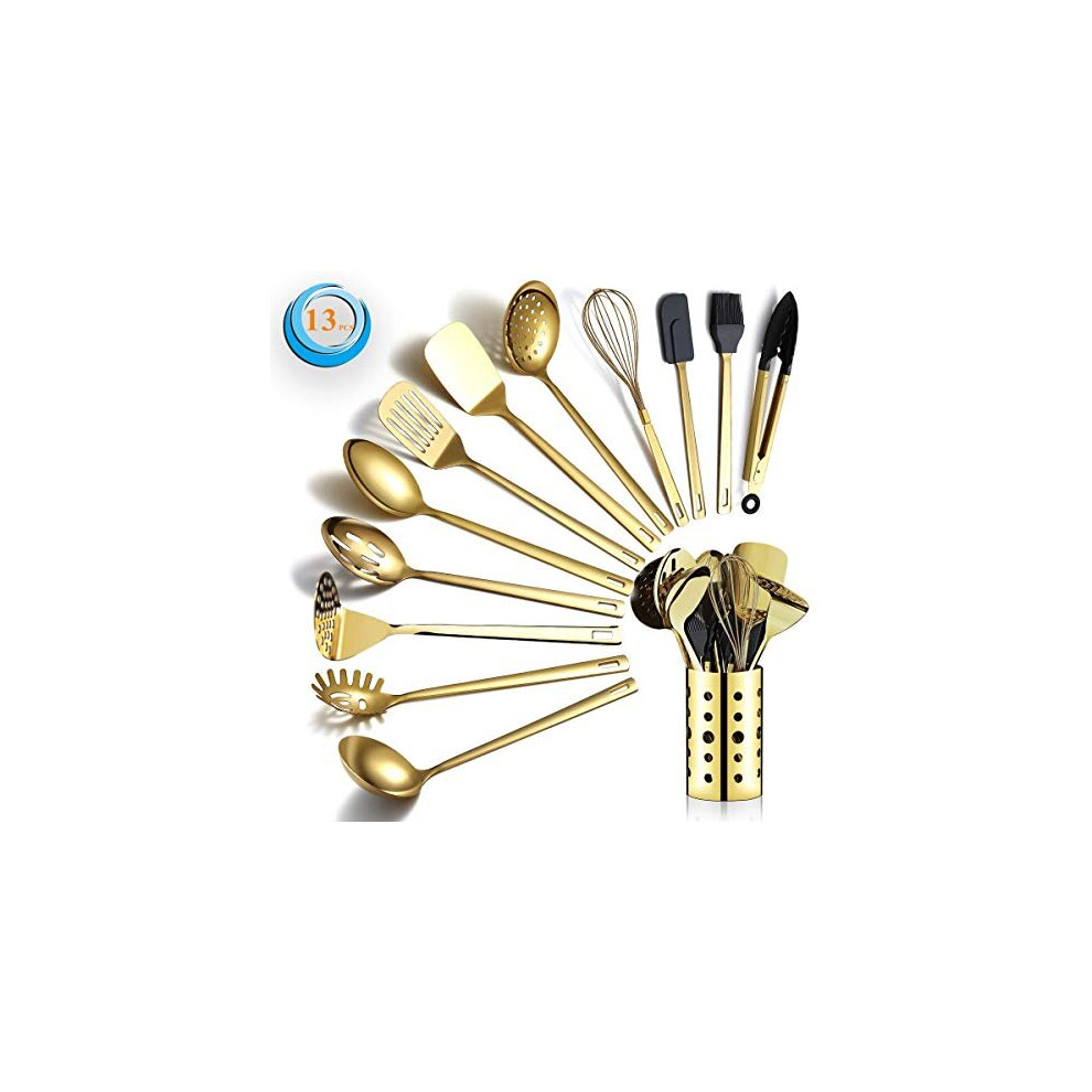 Gold Cooking Utensils Set, Berglander Stainless Steel 13 Pieces Kitchen Utensils Set With Titanium Gold Plating, Kitchen Tools Set With Utensil Holder