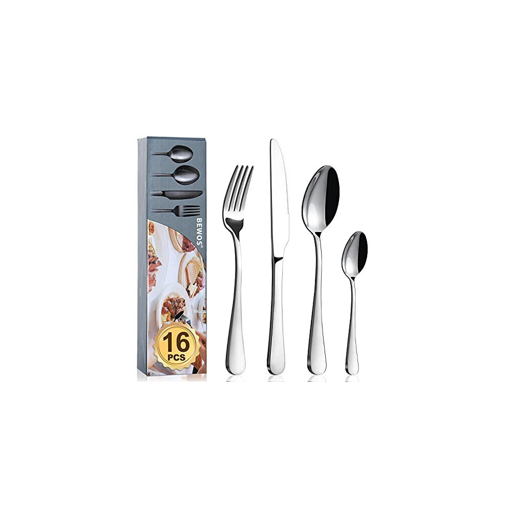 Bewos Cutlery Set, 16-Piece Stainless Steel Flatware Set, Tableware Silverware Set With Spoon Knife And Fork Set, Service For 4, Dishwasher Safe/Easy