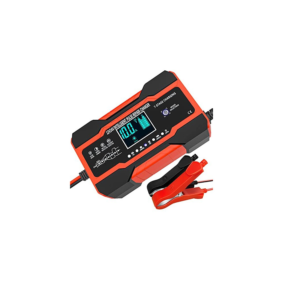 10-Amp Car Battery Charger, 12V and 24V Smart Fully Automatic Battery Charger with Temperature Compensation for Car Truck Motorcycle Marine Lead