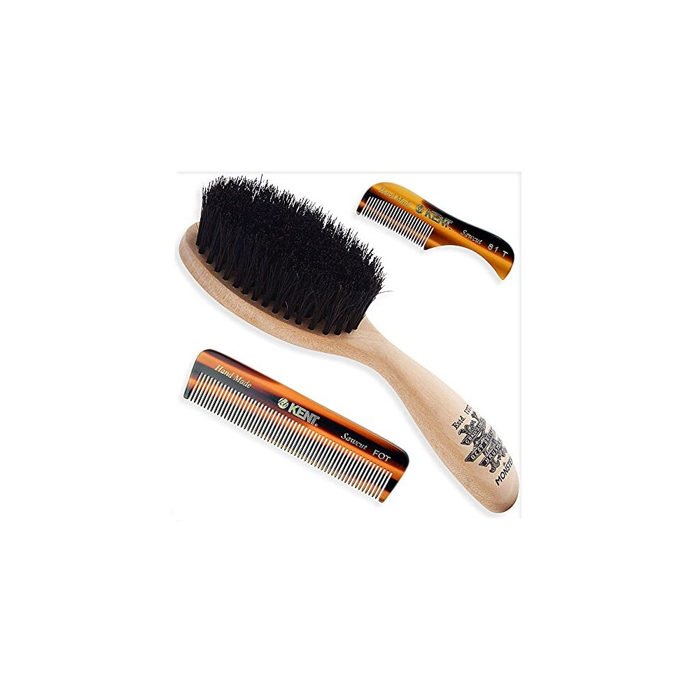 Beard & Mustache Set of Kent BRD5 Boar Bristle Beard Brush + Kent 81T Handmade Sawcut Comb + Kent A FOT Handmade All Fine Tooth Saw Cut Beard Com