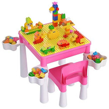 burgkidz Toddler Table and Chair Set, Plastic Kids Activity Table with Chair and 128 Piece Large Creative Brick Toys for Girls Age 3 Years and Up