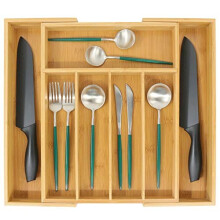Bamboo Cutlery Organiser, Expandable Cutlery Tray for Drawer and Utensil Holder, Multi-Function Drawer Storage, 5-7 Compartments
