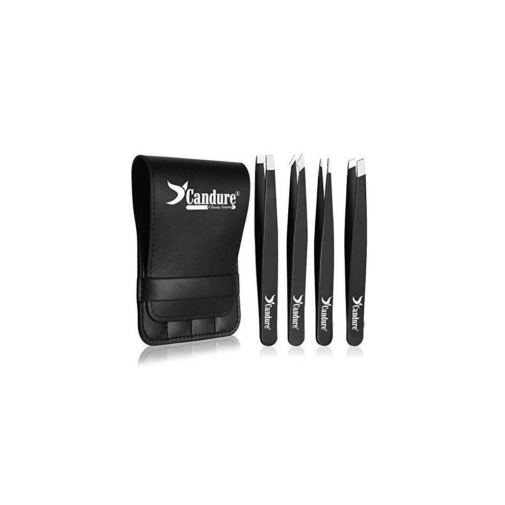Candure Tweezers For Eyebrows - Professional Stainless Steel Slanted And Pointed Tip Hair Tweezers Set For Ingrown Hair, Blackhead Removal, Eyela