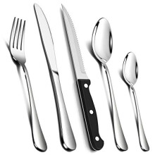 24 Piece Cutlery Sets with 6 Piece Steak Knives, Homikit Stainless Steel 30-Piece Silver Cutlery Flatware Set, Dinnerware Fork Knife Spoon Set Service