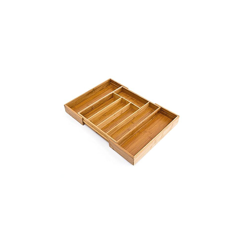 Relaxdays Wooden Bamboo Cutlery Tray, 33,5x29-48x5 cm, Large Drawer Organizer, Kitchen Drawer Insert, 5 to 7 Compartments, Adjustable, Natural Br