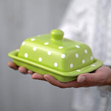 City to Cottage Lime Green and White Polka Dot Spotty Handmade Hand Painted Ceramic Covered Butter Dish with Lid