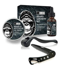 uLab Ultimate Gorilla Beard Growth Kit with Derma Roller, Beard Oil, Beard Balm and Foldable Styling Comb - Gift Set for Men For Beard Growth, St