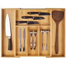 Bamboo Cutlery Organiser, Expandable Silverware Drawer Organiser and Cutlery Tray, Wooden Drawer Dividers Organiser for Kitchen Utensils and Flat