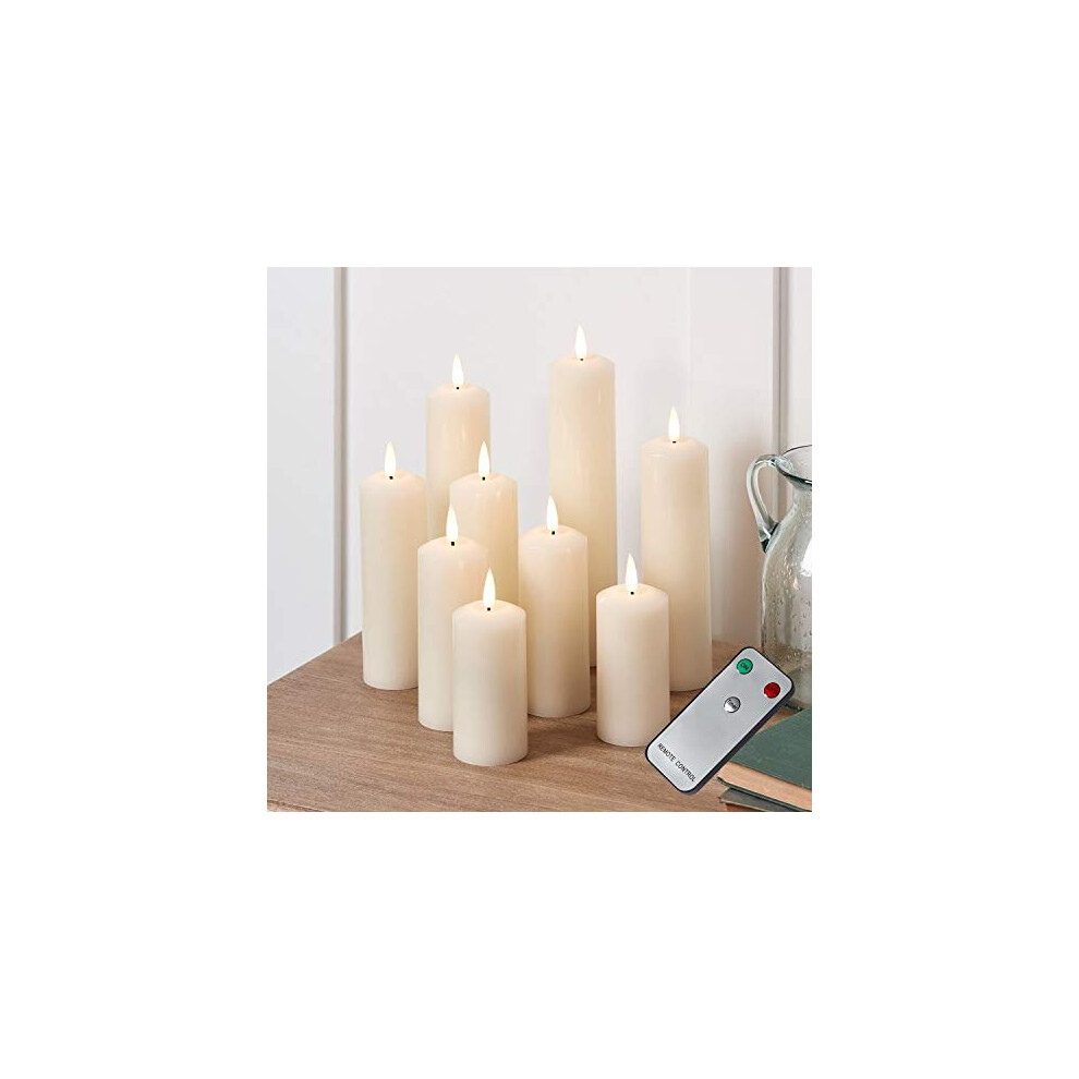 Lights4fun Set Of 9 Truglow Battery Led Flameless Pillar Candles Real Wax Remote & Timer Ivory