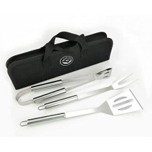 NewlineNY Stainless Steel BBQ Grill Tool Kit 3 PCS Set : Tong, Meat Fork, Spatula + Black Carrying Bag for Picnic Camping Travel Cooking Grilling