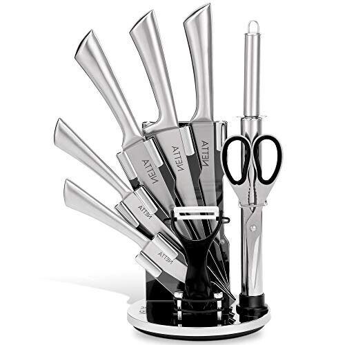 NETTA 8-Piece Stainless Steel Knife Set with Transparent Rotating Knife Block - Ergonomic Handles and Sharp Precision