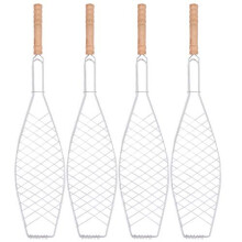 Hemoton 4PCS Metal Fish Barbecue Basket Non-stick Mesh Clip Wooden Handle Fish Grilled Barbecue Clip Outdoor Barbecue Tool