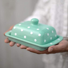 City to Cottage Teal Blue and White Polka Dot Spotty Handmade Hand Painted Ceramic Covered Butter Dish with Lid