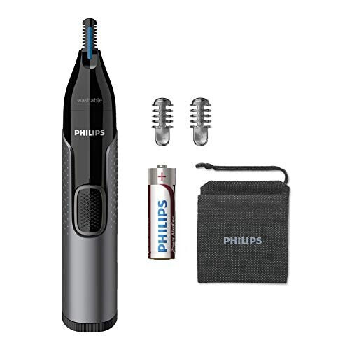 Philips Series 3000 Ear, Eyebrow & Nose Trimmer with 2 Eyebrow Combs & Pouch, Showerproof and Fully Washable, Black & Grey, NT3650/16