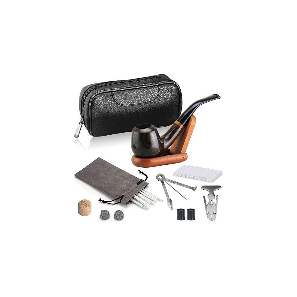 Joyoldelf Ebony Tobacco Smoking Pipe Set, Deepened & Windproof Wooden Pipe With Leather Tobacco Pouch, Wood Stand And Smoking Accessories