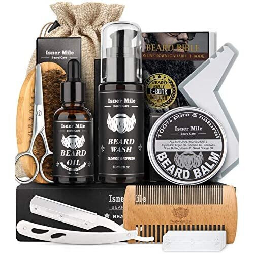 Isner Mile Beard Grooming Kit for Men, Perfect Fathers Gifts for Dad Him Husband Boyfriend, with Beard Shampoo Wash, Growth Oil, Balm, Trimming S