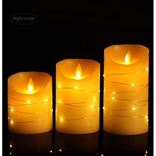 flameless Candle, with Embedded Fairy String Lights, 3-Piece LED Candle, with 10-Key Remote Control, 24-Hour Timer Function, Dancing Flame, Real 1
