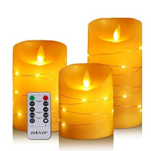 flameless Candle, with Embedded Fairy String Lights, 3-Piece LED Candle, with 10-Key Remote Control, 24-Hour Timer Function, Dancing Flame, Real
