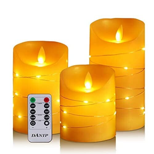 flameless Candle, with Embedded Fairy String Lights, 3-Piece LED Candle, with 10-Key Remote Control, 24-Hour Timer Function, Dancing Flame, Real