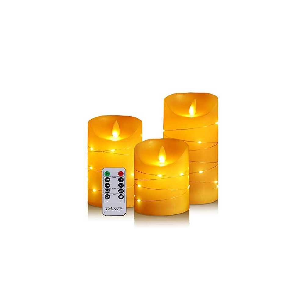flameless Candle, with Embedded Fairy String Lights, 3-Piece LED Candle, with 10-Key Remote Control, 24-Hour Timer Function, Dancing Flame, Real