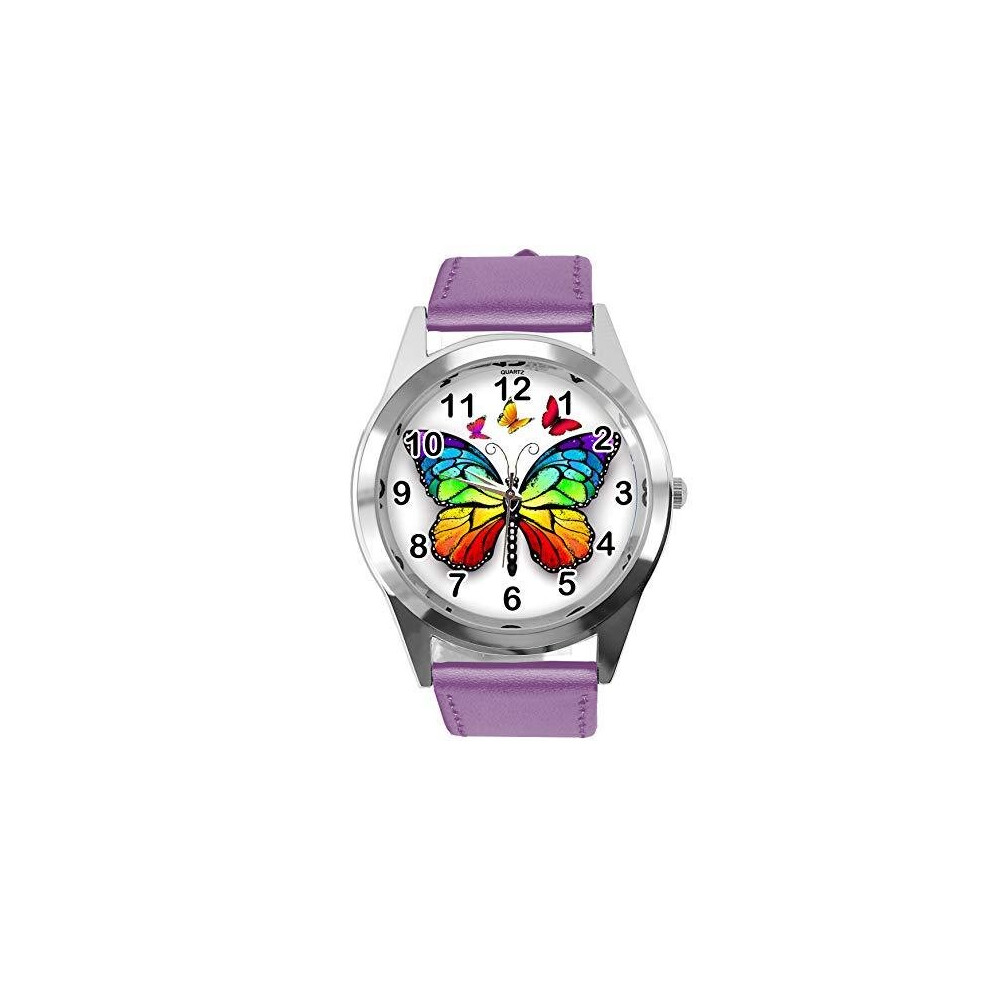 TAPORT Purple Leather Round Watch for Butterfly Fans E2