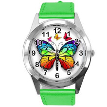 TAPORT Green Leather Round Watch for Butterfly Fans E2