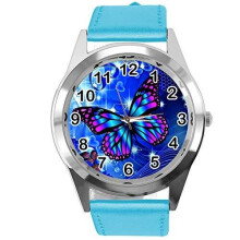 TAPORT Blue Leather Round Watch for Butterfly Fans