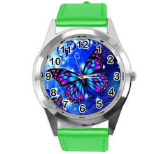 TAPORT Green Leather Round Watch for Butterfly Fans