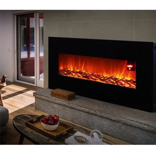 Living And Home Modern 50 inch Wall Mounted Electric Fire Black Flat Glass with Remote Control 2