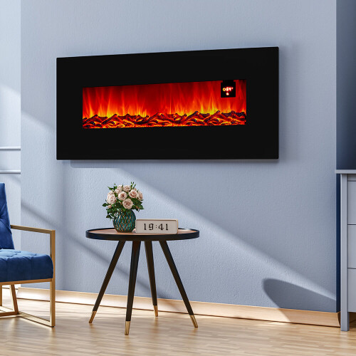 Living And Home Modern 50 inch Wall Mounted Electric Fire Black Flat Glass with Remote Control 1