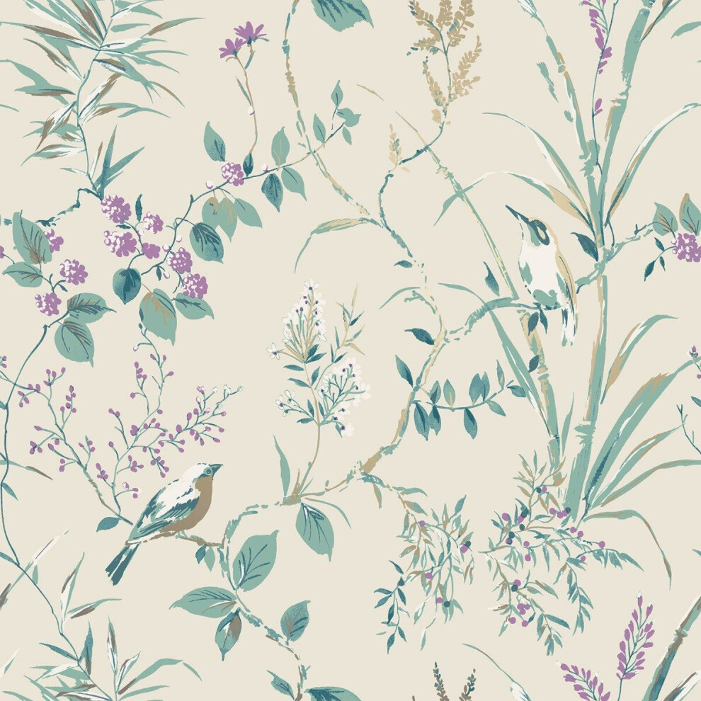 Crown Mariko Bird Floral Wallpaper Natural M1554