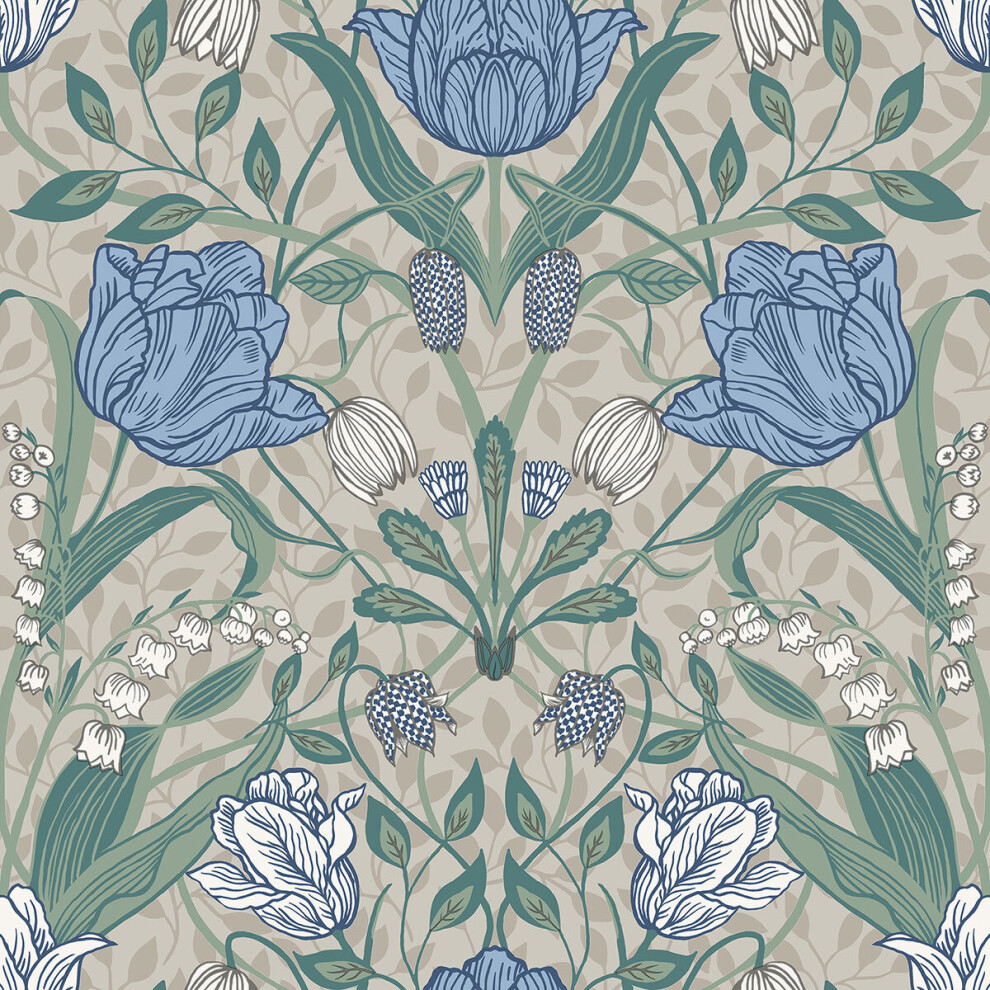 Apelviken Tulip Wallpaper White Green Blue Galerie 33008