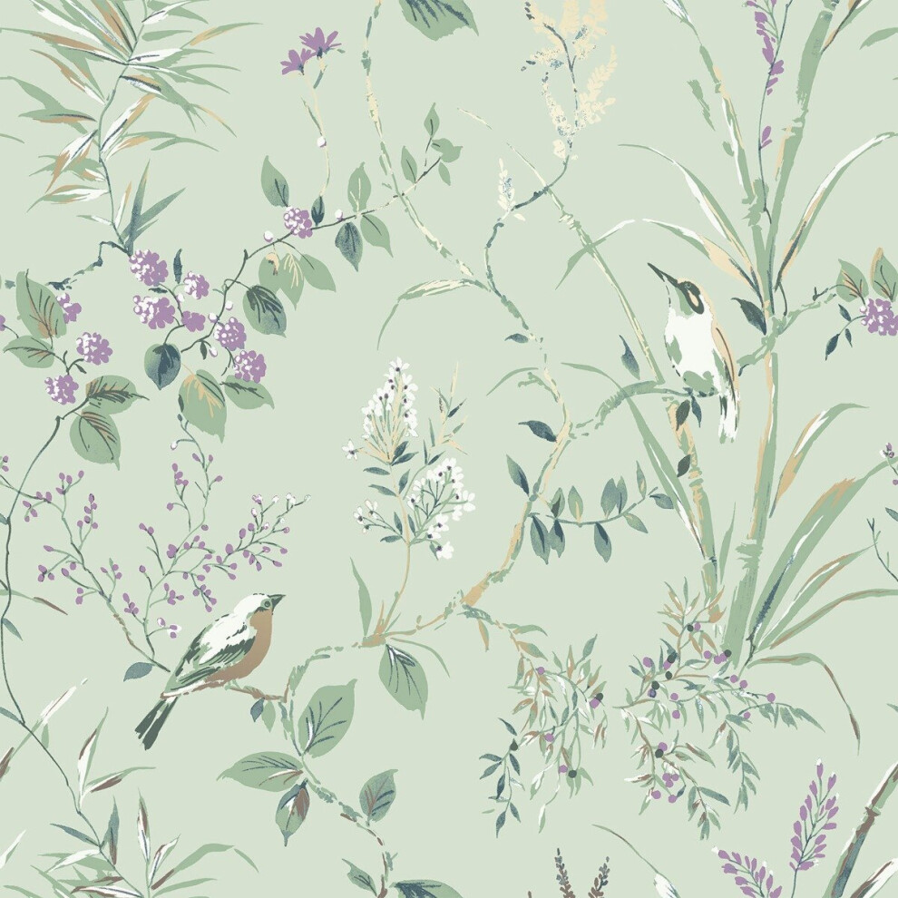 Mariko Bird Floral Wallpaper Green Crown M1552